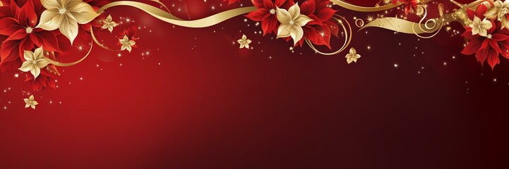 Festive Christmas and New Year background with poinsettia flowers and golden decorations for banners or cards