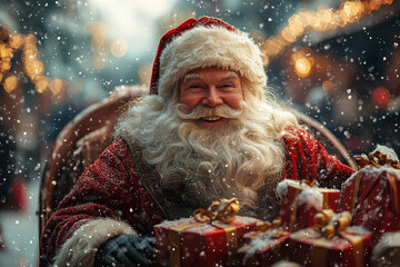 Santa Claus packing his sleigh with gifts, getting ready for his Christmas Eve journey. Concept of holiday preparation and festive anticipation.
