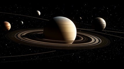 Solar System with Rings: The solar system featuring planets with rings, like Saturn and Uranus, their rings casting shadows on the planets.
