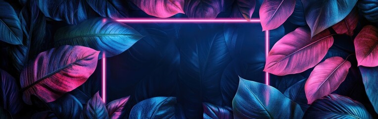 Tropical leaves illuminated by fluorescent neon light in square frame
