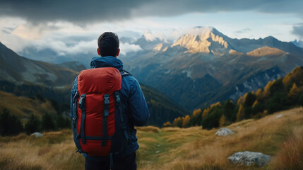 Backpacker with a red backpack looking out at scenic mountain landscape during an outdoor hike, under cloudy skies.