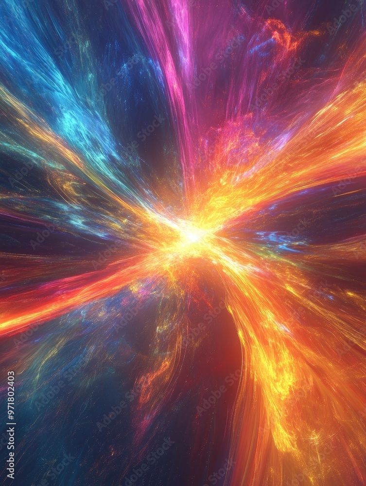 Poster abstract multicolor fractal light background resembling a supernova in a fantastical 3d rendering