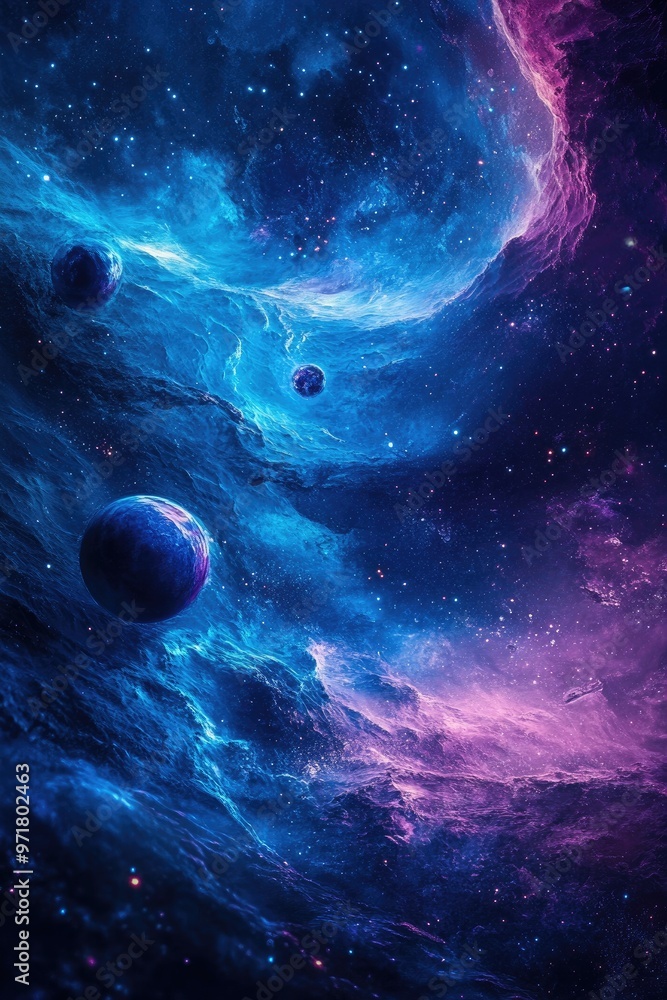 Poster abstract depiction of unknown planets in the vastness of deep space