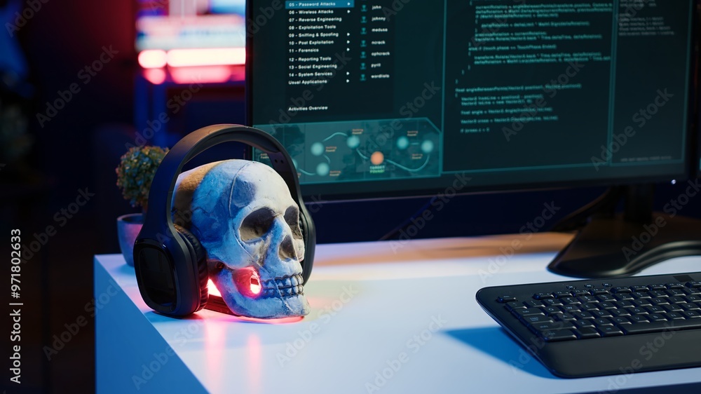 Poster desk with decorations in empty criminals den and hacking software interface on pc screens. equipment