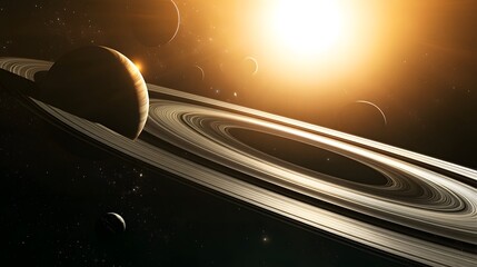 Solar System with Rings: The solar system featuring planets with rings, like Saturn and Uranus, their rings casting shadows on the planets.
