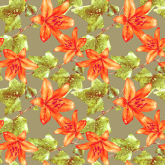 Watercolor seamless pattern, lily flowers and ivy in dewdrops.