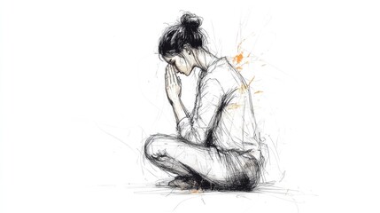 Fototapeta premium Sketch of a sad girl sitting on the floor, praying. Vector illustration.
