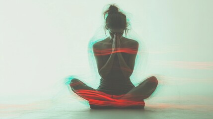Young woman practicing yoga, sitting in lotus pose, wearing a black bodysuit, with long exposure light trails.