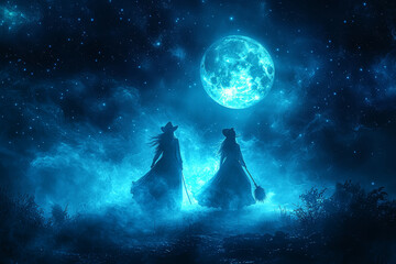 Fototapeta premium A pair of witches flying on broomsticks across a starry night sky, with a full moon in the background. Concept of Halloween fantasy and witchcraft lore.