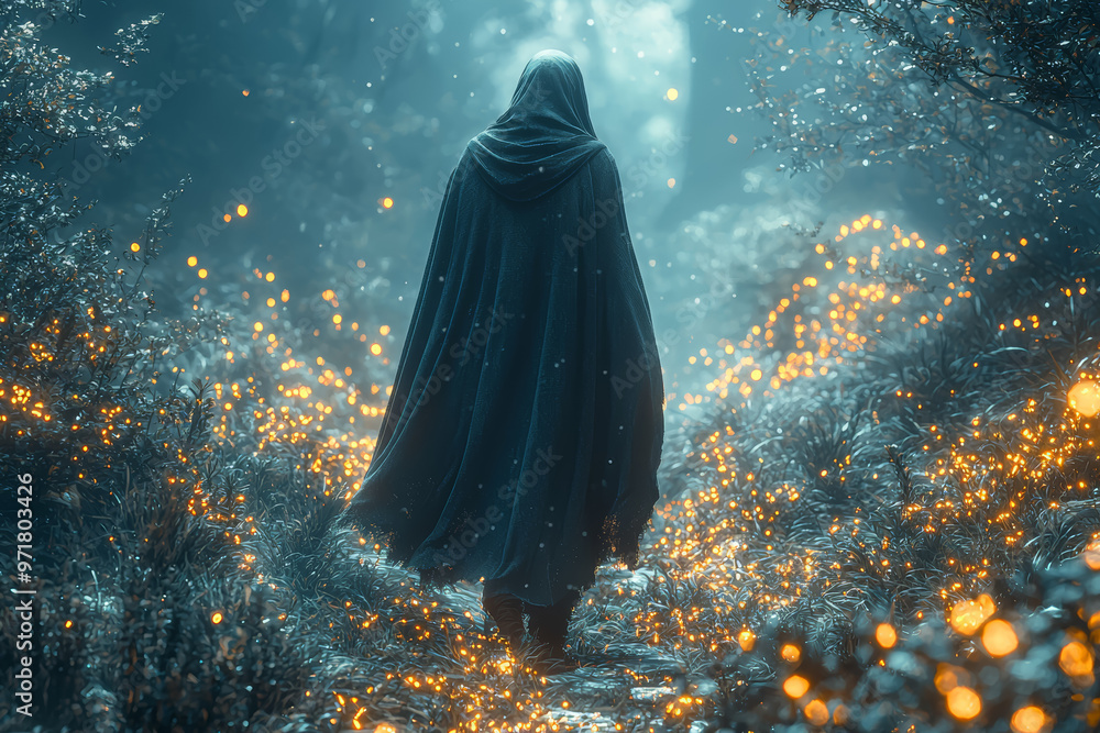 Poster a mysterious cloaked figure walking through an ancient, enchanted forest, the path illuminated by gl
