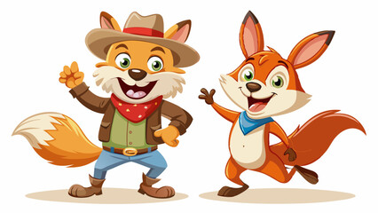 cartoon characters of a fox and a rabbit in a cowboy costume, dancing, joyful and satisfied
