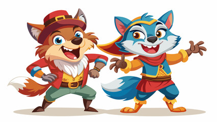 Naklejka premium cartoon characters of a fox and a wolf cub in a cowboy costume