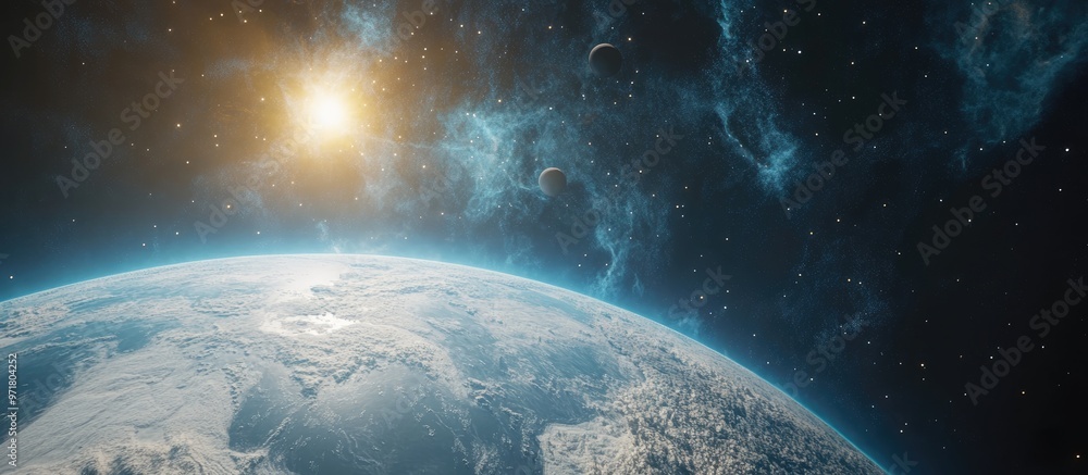 Poster surreal 3d rendering of a world with a moon featuring clouds stars and the orion nebula capturing a 