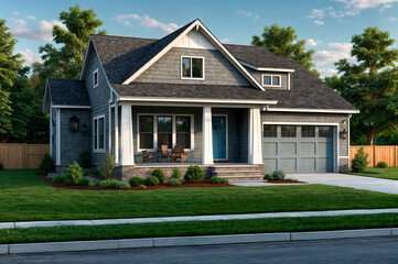 Gray New Construction Modern Cottage Home with Hardy Board Siding and Teal Door with Curb Appeal.