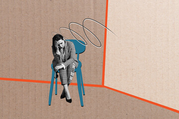 Composite photo collage of upset tired businesswoman sit chair depressed mood work failure melancholy isolated on painted background