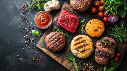 Grilled Burgers and Ingredients on Dark Background