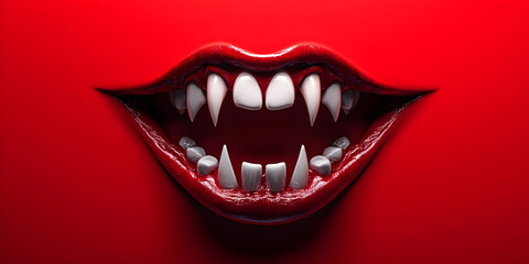 Naklejka premium Vampire fangs on a bright red background.