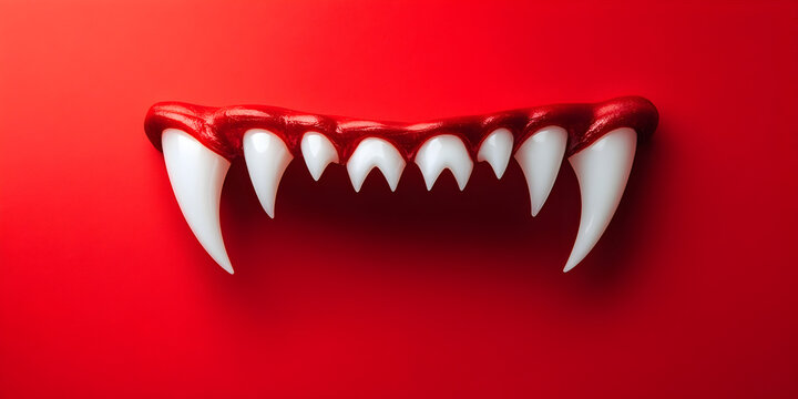 Vampire fangs on a bright red background.


