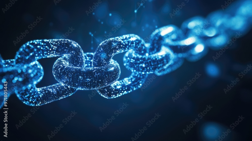 Poster blockchain technology background with connected nodes and chain links in digital blue