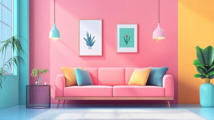 Colorful Living Room Featuring Modern Pink Furniture And Decorative Side Screen
