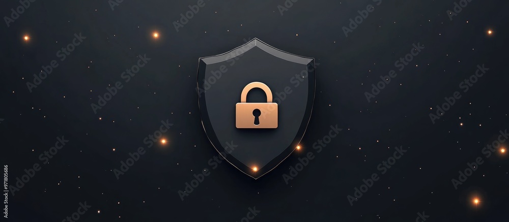 Poster silver security technology shield with lock icons on dark gray background with lights digital online