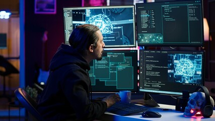 Naklejka premium Hacker using AI technology to target vulnerable unpatched connections to steal data. Cybercriminal using artificial intelligence to compromise digital devices and gain illicit info, camera A