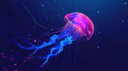 Naklejka premium Bioluminescent Jellyfish Glowing In Dark Water Futuristic Digital Style Vibrant Colors Ai Generated