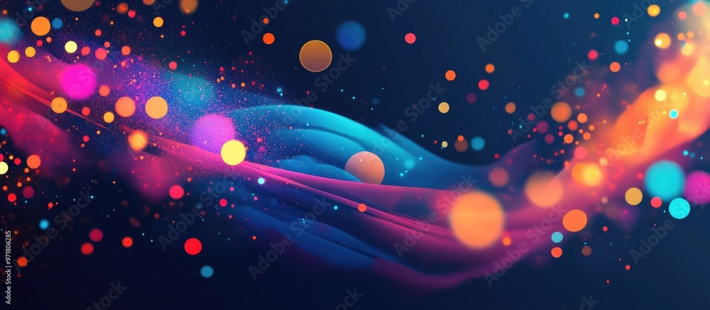 Poster abstract dark blue background with colorful lines and bokeh effects