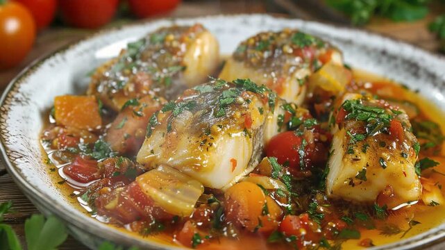 Bacalao al Pil Pil on the table moves with smoke around
