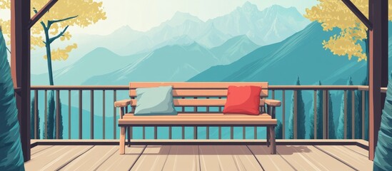 Fototapeta premium Cozy Wooden Bench Adorned With Pillows On Cabin Balcony
