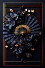 Chuseok, traditional Korean holiday golden template with a dark navy color, with golden flowers, folding fan and geometric patterns, an elegant and luxurious feel, for the Asian Mid Autumn festival