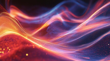 This vivid image features dynamic waves of orange, purple, and red light intertwining and flowing gracefully, representing energy and movement with an abstract artistic style.