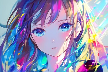 Fototapeta premium Anime girl with colorful hair and blue eyes digital art