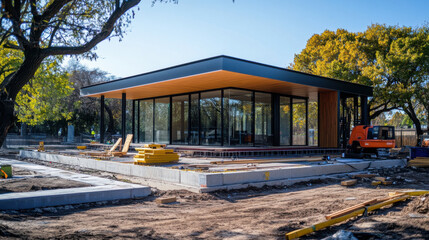 Obraz premium A contemporary house with glass walls in the final stages of construction, surrounded by materials and equipment on a worksite.