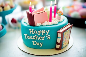 A vibrant Teacher's Day cake decorated with books, pink candles, and a small figure, represents gratitude and celebration of educators in a whimsical design.