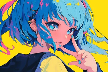 Naklejka premium Anime girl with blue hair and blue eyes posing with peace sign