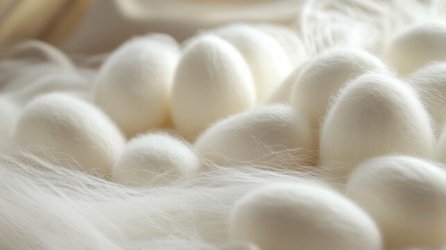 Close-up image of several white silk cocoons clustered together on a soft, woolly background, highlighting the delicate and smooth textures of the silk cocoons.