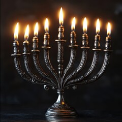 Silver Menorah with Glowing Candles on Dark Background