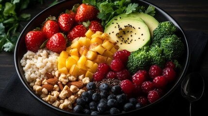 A beautifully arranged salad bowl with strawberries, avocado, raspberries, blueberries, broccoli, diced yellow fruit, nuts, and seeds, epitomizing health and vitality.