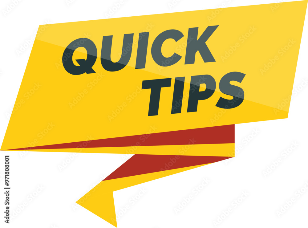 Poster yellow quick tips banner with red ribbon for showing useful information on websites and printed medi