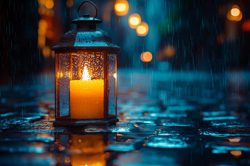 A lit candle in an old lantern on a cobblestone street during a rainy night. Concept of hope and warmth in darkness.