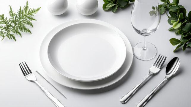A clean, elegant table setting featuring white plates, silver cutlery, wine glass, and green plant accents on a white background. - Powered by Adobe