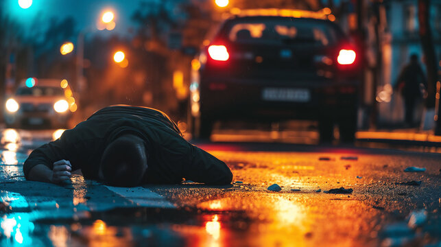Damaged person lying on wet street at night in an accident scene with cars in background. Potential hit and run imagery. Urban tragedy in rainy conditions and dramatic emergency situation