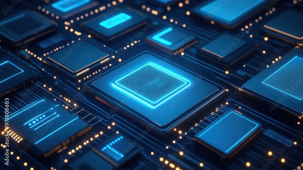 Aufkleber close-up of a technology circuit board with glowing chips and intricate patterns, highlighting moder