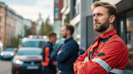 Fototapeta premium A paramedic in a red uniform confidently stands outside near an ambulance, arms crossed, ready for emergency response.