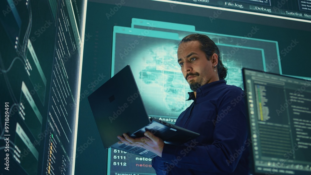 Poster governmental hacker expert working on securing digital information, analyzes intelligence on big scr