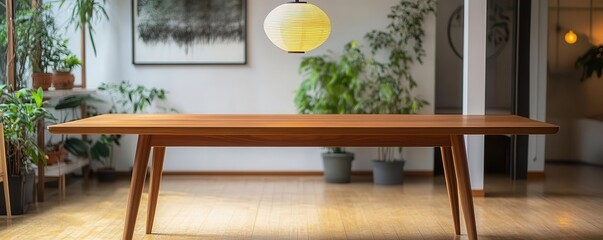 Teak dining table with tapered legs, Scandinavian-style interior, muted tones, modern lighting fixture above, plants in the background, clean aesthetic