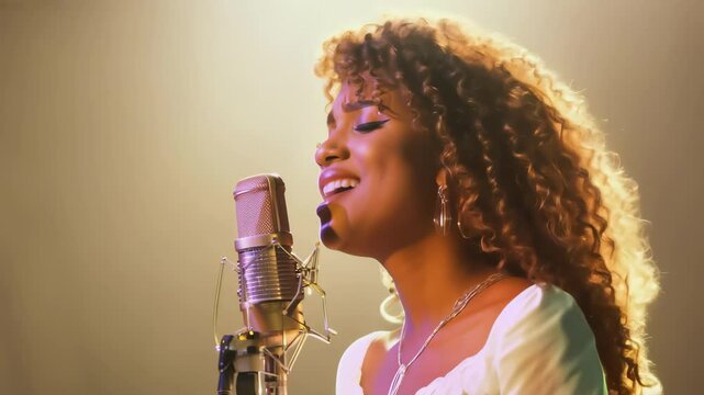 Young African American woman singing passionately into a microphone on stage. Concept of live music performance, artistic expression, joyous singing