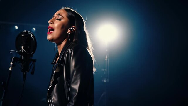 Young woman singing passionately into a microphone under bright stage lights. Concept of music performance, live concert, expressive emotion