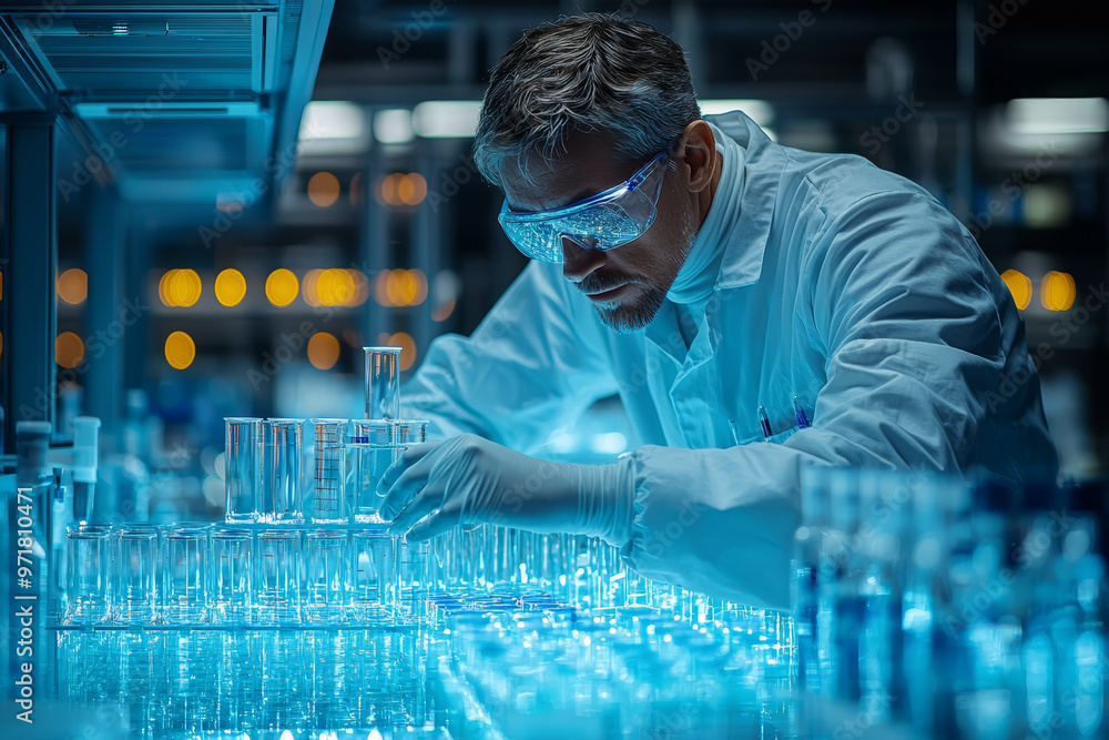 Poster a scientist in a lab, meticulously recording data after multiple experiments. concept of patience an